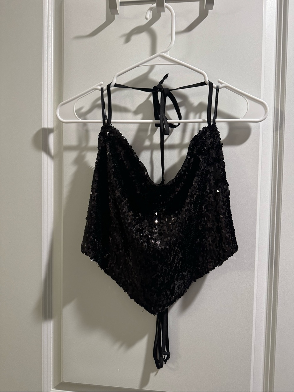 Forever 21 Black Sequin Halter Tie-Back Crop Top